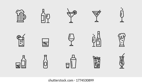 Alcoholic cocktails icons set. Simple outline cocktails icons isolated on white background. Set includes beer, mojito, whiskey. Icons set for restaurant, pub, bar. Vector illustration