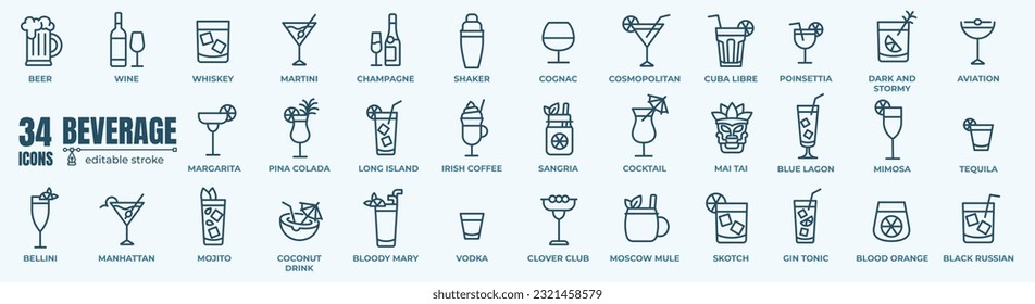 Alcoholic cocktails icons set. Simple outline cocktails icons isolated on white background. Set includes beer, mojito, whiskey. Icons set for restaurant, pub, bar. Vector illustration