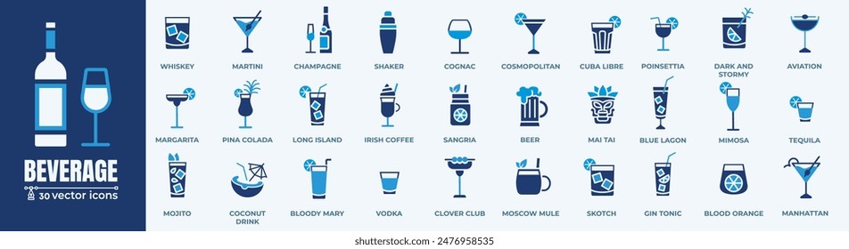 Alcoholic cocktails icons set. Simple outline cocktails icons isolated on white background. Set includes beer, mojito, whiskey. Icons set for restaurant, pub, bar. Vector illustration