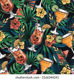 Alcoholic cocktails pattern seamless colorful vintage orange drink aperol spritz among leaves and flowers for mexican party vector illustration