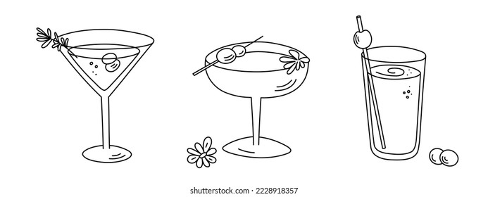 Alcoholic cocktails set, long drink beverages for holiday celebrating. Use for decorating design festive menu. Hand-drawn doodle style. Editable stroke. Isolated. Vector illustration