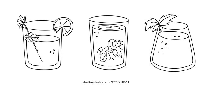 Alcoholic cocktails set, long drink beverages for holiday celebrating. Use for decorating design festive menu. Hand-drawn doodle style. Editable stroke. Isolated. Vector illustration