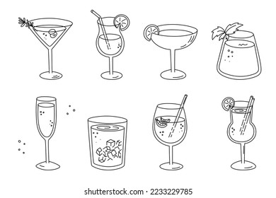 Alcoholic cocktails set, long drink beverages for holiday celebrating. Use for decorating design festive menu. Hand-drawn doodle style. Editable stroke. Isolated. Vector illustration