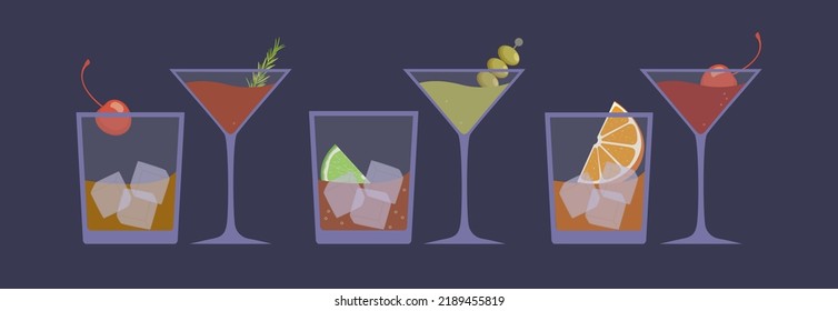 Alcoholic cocktails set: martini, old fashioned, cosmopolitan, manhattan, rum cola and negroni with ice and garnish in flat style on purple background. Vector illustration, banner