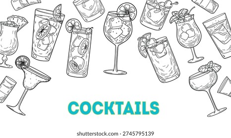 Alcoholic Cocktails Set - Vector Ink Sketch Illustration Collection