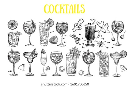 Alcoholic cocktails sketch. Нand drawn illustrations.