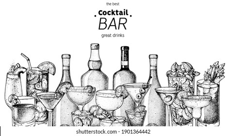  Alcoholic cocktails sketch. Hand drawn vector illustration. Hand drawn drinks illustration. Cocktails set. Menu design elements.