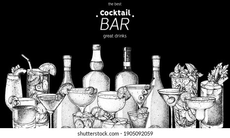 Alcoholic cocktails sketch. Hand drawn vector illustration. 