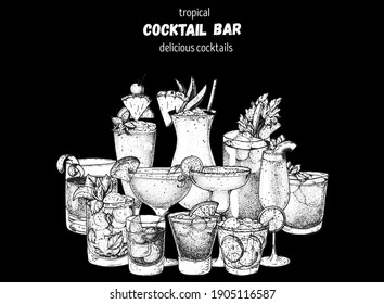 Alcoholic cocktails sketch. Hand drawn vector illustration. 