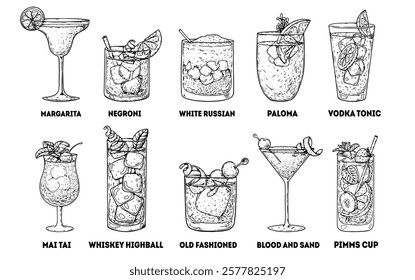 Alcoholic cocktails sketch.  Hand drawn vector illustration. Cocktail glass set. Cognac, brandy, vodka, tequila, whiskey, champagne, wine cocktails.