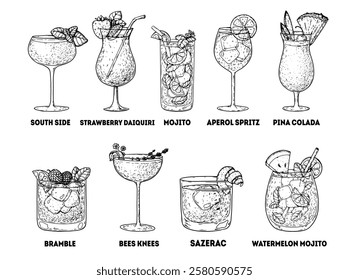 Alcoholic cocktails sketch.  Hand drawn vector illustration. Cocktail glass set. Cognac, brandy, vodka, tequila, whiskey, champagne, wine cocktails.