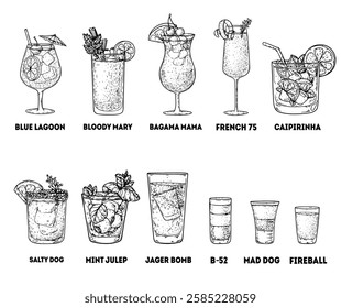 Alcoholic cocktails sketch, hand drawn vector illustration. Cocktail glass set. Cognac, brandy, vodka, tequila, whiskey, champagne, wine cocktails.