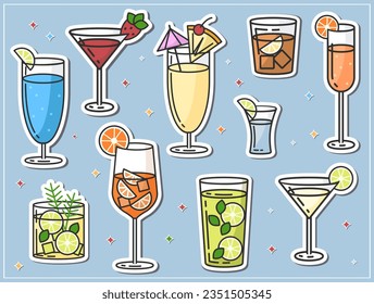 Alcoholic cocktails stickers flat vector style.Blue lagoon, cuba libre, strawberry daiquiri and ect. Vector illustration