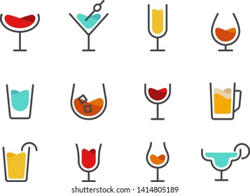 Alcoholic cocktails thin line icons set. Outline symbol collection of classic beverages like wine, gin, whiskey, champagne, beer. Editable vector stroke