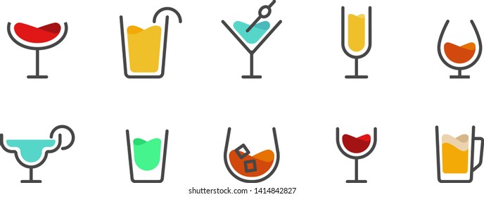 Alcoholic cocktails thin line icons set. Outline symbol collection of classic beverages like wine, gin, champagne, beer. Editable vector stroke