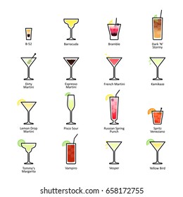 Alcoholic cocktails with titles. IBA official cocktails, New Era Drinks. Icons set in flat style