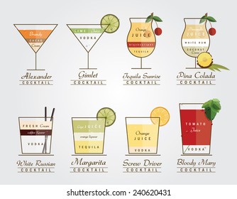 alcoholic cocktails vector illustration collection in trendy flat design style with recipe measurements