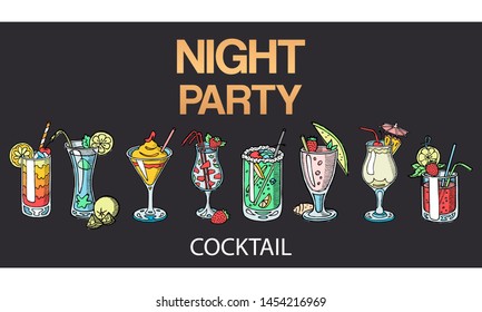 Alcoholic cocktails vector isolated on black background. Cocktails set for night party. Glasses with alcoholic drinks, fruits, berries and paper umbrellas. Grog, punch martini party.