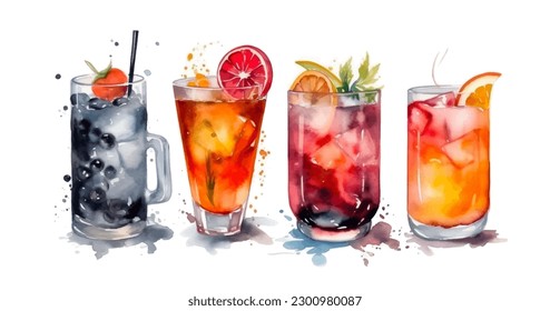 Alcoholic cocktails watercolor set, isolated on white background. Vector illustration