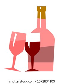 Alcoholic drink in bottle vector, red wine with glasses and beverage. Сhampagne celebration of holiday for two romantic evening. Liquid in container illustration in flat style design for web, print
