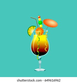 Alcoholic drink in a cocktail glass with fruit, umbrella and straw.