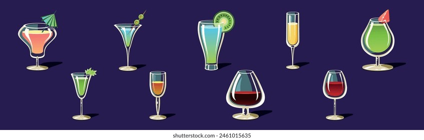 Alcoholic Drink and Cocktails in Glass Vector Set