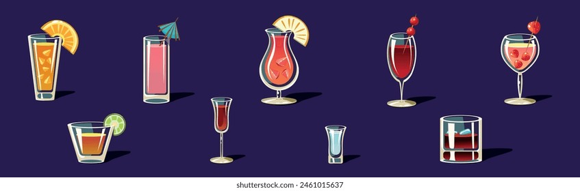 Alcoholic Drink and Cocktails in Glass Vector Set