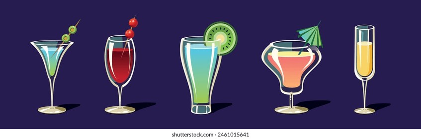 Alcoholic Drink and Cocktails in Glass Vector Set