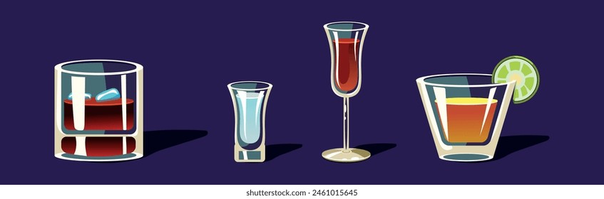 Alcoholic Drink and Cocktails in Glass Vector Set