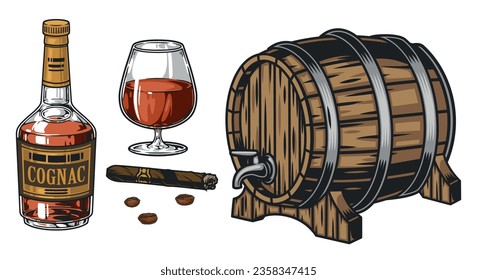 Alcoholic drink cognac poster colorful with oak wooden barrel near bottle and glass with cigar vector illustration