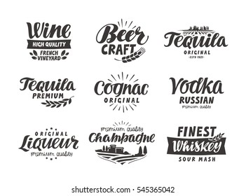 Alcoholic drink. Collection lettering, labels for menu design restaurant or bar