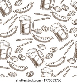 Alcoholic drink with foam, snacks seamless pattern. Beer and sausages, chips and pretzels, salty sticks. Smoked meat and baked food, appetizer. Monochrome sketch outline, vector in flat style