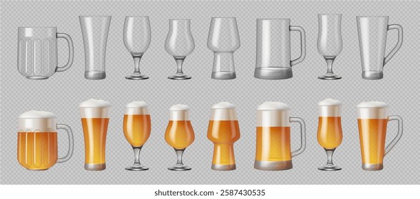 Alcoholic drink glassware and serving. Vector in realistic style, isolated set of beer glass on transparent background. Refreshing beverage with foam, oktoberfest or brewery advertisement