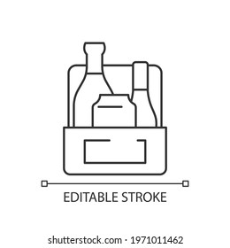 Alcoholic drink to go linear icon. Wine, beer, spirits and liquor. Mixed alcoholic beverages. Thin line customizable illustration. Contour symbol. Vector isolated outline drawing. Editable stroke
