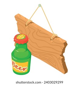 Alcoholic drink icon isometric vector. Glass beer bottle and wood bar signboard. Beverage production, business