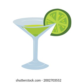 An alcoholic drink martini with lime juice, garnished with a lime wedge in a glass goblet. Vector stock illustration isolated on white background.