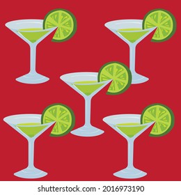 An alcoholic drink martini with lime juice, garnished with a lime wedge in a glass goblet. Vector stock illustration isolated on white background. Pattern