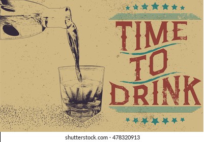 alcoholic drink is poured from bottle in glass.Vintage style.Vector monochrome illustration