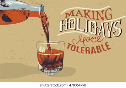 alcoholic drink is poured from bottle in glass.Vintage style.Vector illustration