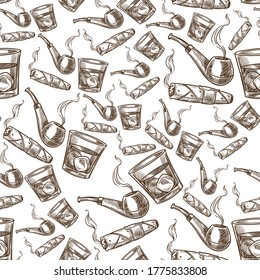 Alcoholic drink poured in glass, smoking pipe and cigarette seamless pattern. Cognac or whiskey with ice, gentleman drink, relaxation or celebration. Monochrome sketch outline, vector in flat style