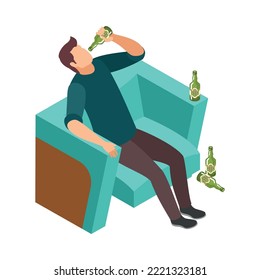 Alcoholic drinking beer in armchair with empty bottles around 3d isometric vector illustration