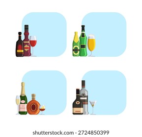 Alkoholische Getränke. Hintergrund mit Satz von flachen Illustrationen Flaschen und Platz für Text