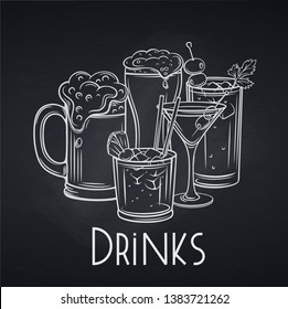 Alcoholic drinks banner, chalkboard vector illustration. Engraved beer and cocktails banner.