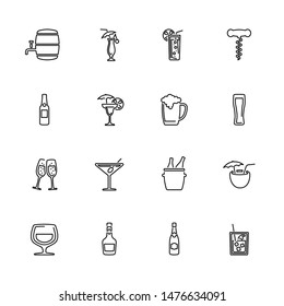 Alcoholic Drinks, Bar Assortment outline icons set - Black symbol on white background. Money and Finance Simple Illustration Symbol - lined simplicity Sign. Flat Vector thin line Icon editable stroke