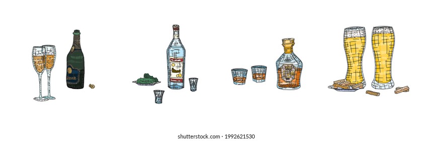 alcoholic drinks from the bar color sketch drawings. sketch image stock