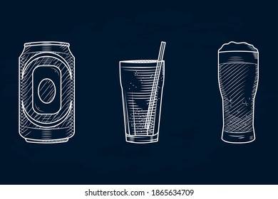 alcoholic drinks and beer glass icon set over black background, sketch style, vector illustration