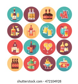 Alcoholic drinks and beverage icon collection. Flat vector circle icons set with long shadow. Food and drinks.