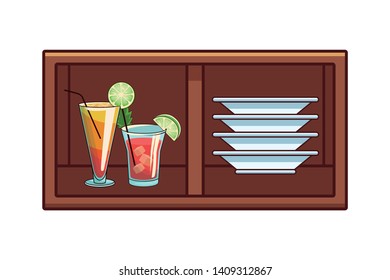 alcoholic drinks beverages at bar club pub wooden furniture cartoon vector illustration graphic design