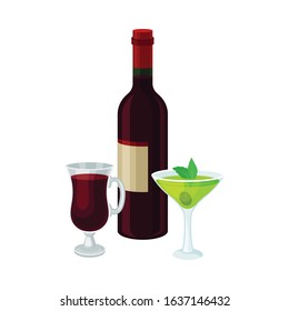 Alcoholic Drinks in Bottle and Wineglass Isolated on White Background Vector Composition