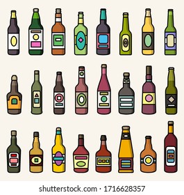 Conjunto de coloridos iconos de las botellas de bebidas alcohólicas. Ilustraciones aisladas de vectores en diseño plano